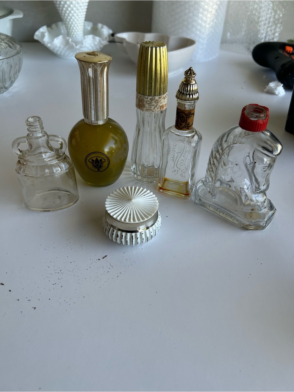 Vintage Avon etc Decorative Glass Bottles and Vanity Jar - Olive Green Accent